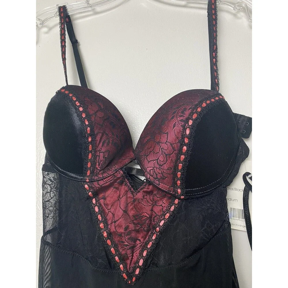 iCollection Babydoll Mesh Lace Overlay Microfiber Coral Black Size M Lingerie - Picture 5 of 11